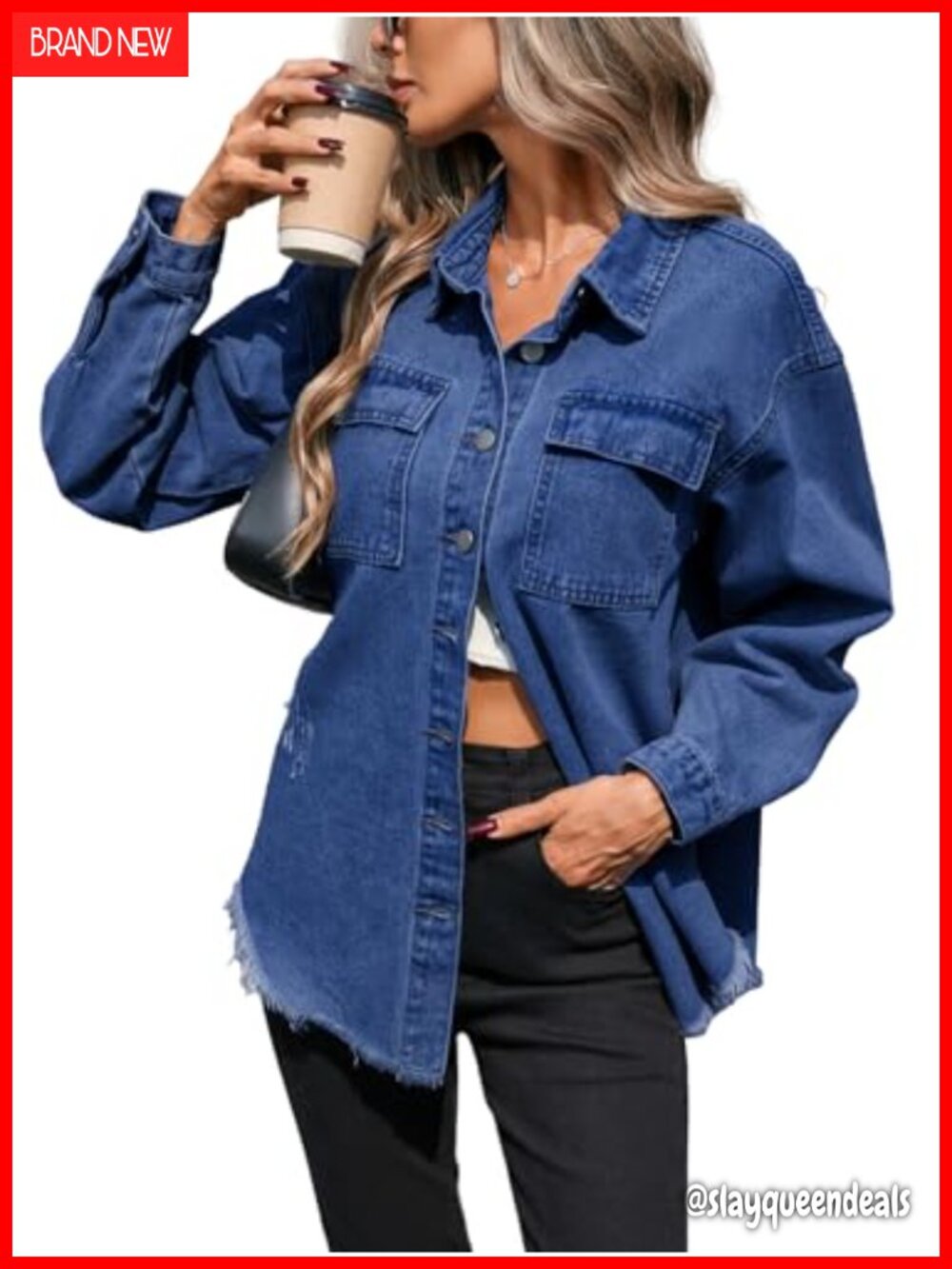 Oversized Distressed Denim Jacket Button Down Frayed Hem Jean Shacket